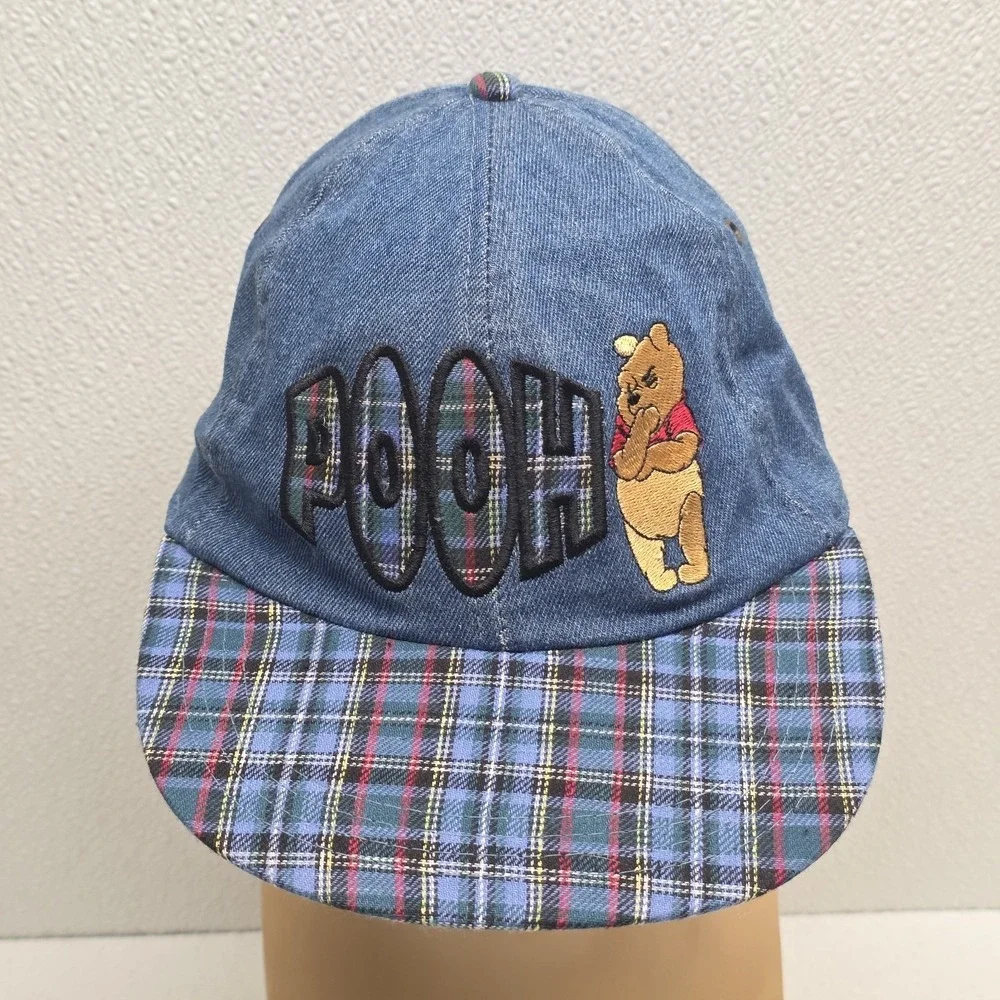 Vintage Disney Embroidered Winnie The Pooh Hat Elastic Band Blue Plaid Denim